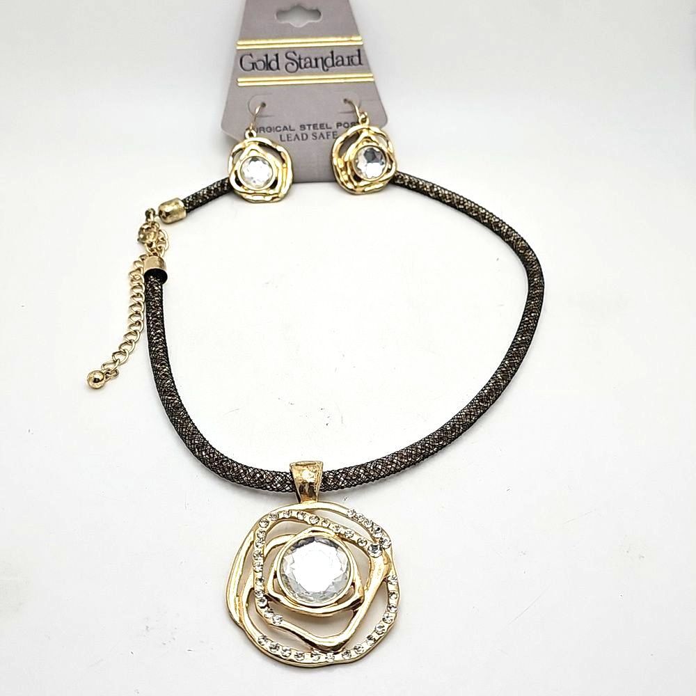 NWT Choker Earring Set by Gold Standard Black MCesh over Chain Surg.Steel Gold
